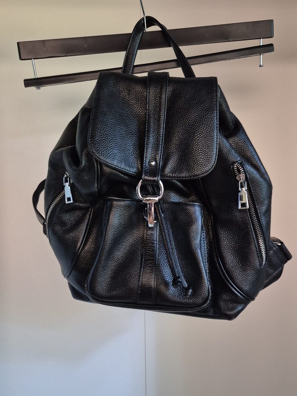 Coolcy Black Pebbled Leather Backpack with Silver Hardware